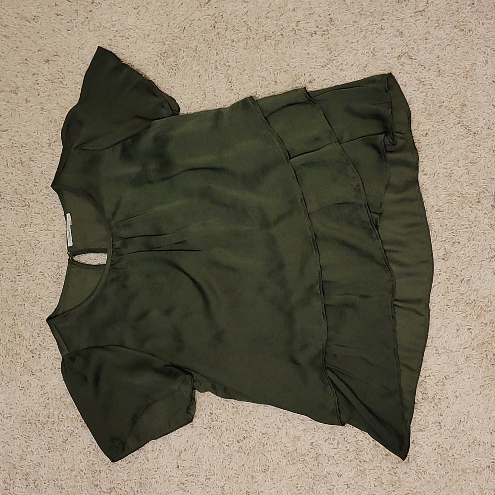 Large, silky, olive and flower blouse